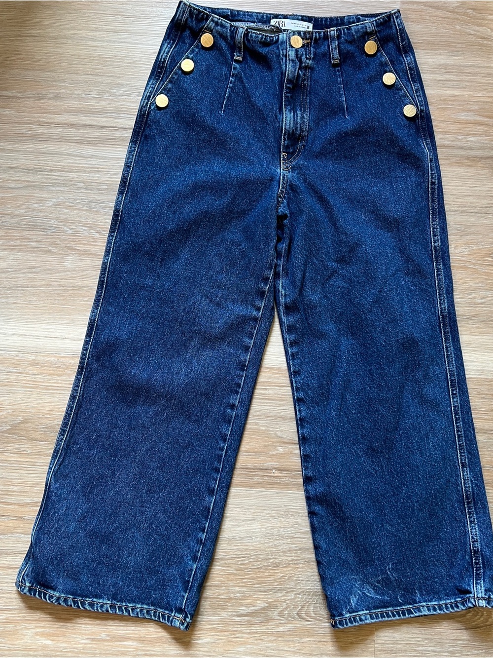 Zara Dark Blue Wide-Leg Jeans with Gold Buttons sailor 6 high rise denim